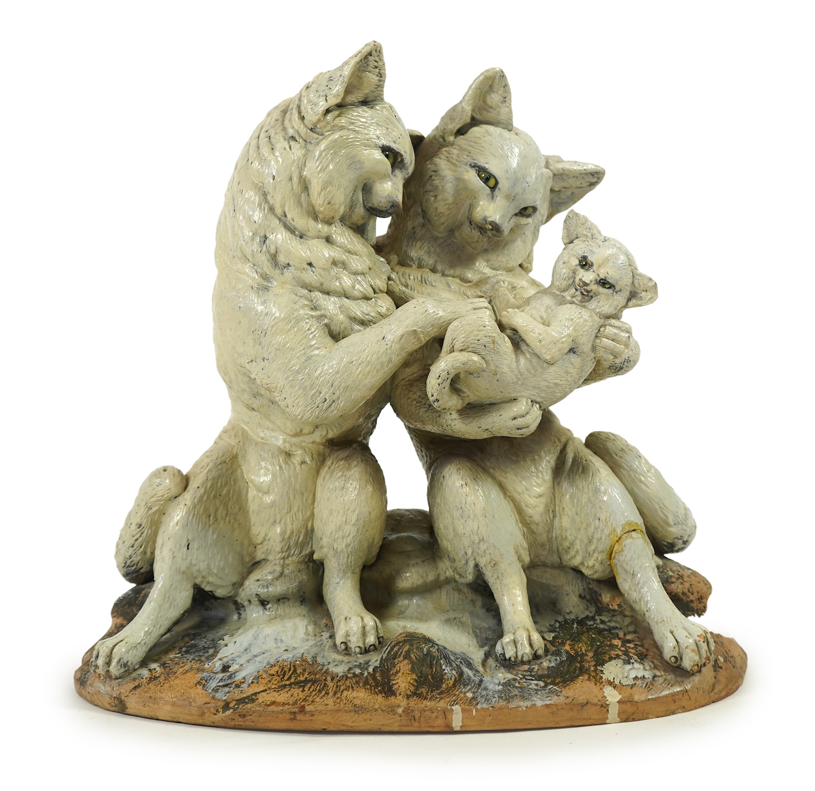 A late 19th century Austrian cold painted terracotta cat group